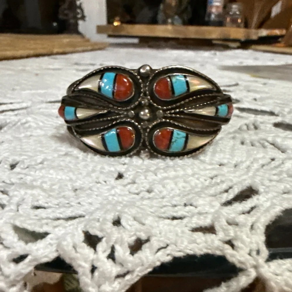 Vintage Zuni Sterling, Turquoise, Coral & MOP - Picture 2 of 10